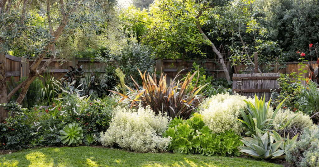 A lush garden with a variety of plants, shrubs, and trees, enclosed by a wooden fence, featuring a grassy lawn in the foreground and a wooden barrel near the center.