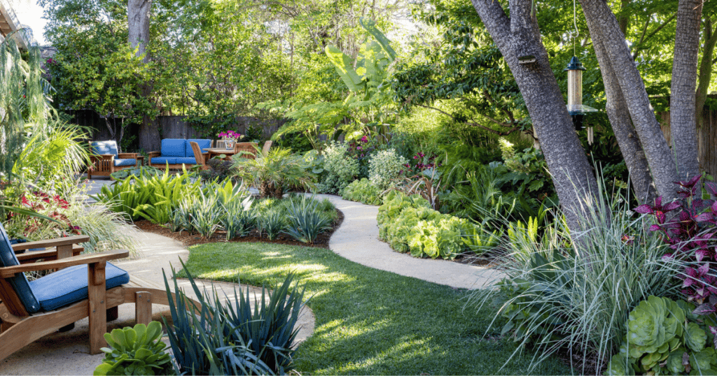 A lush garden with a winding stone path, surrounded by various green plants, trees, and flowers. There are wooden chairs and a bench with blue cushions and a bird feeder hanging from a tree.