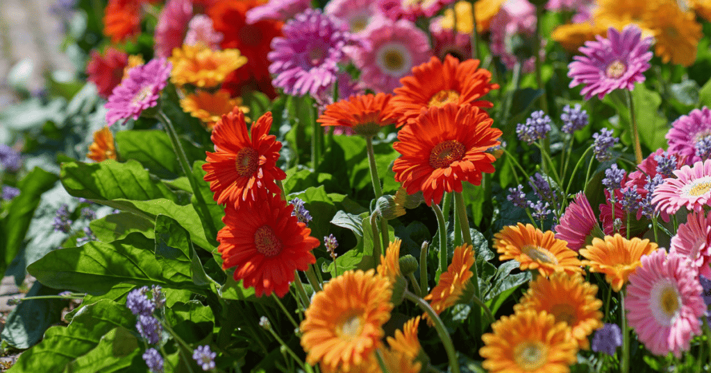A bed of colorful flowers in a garden.